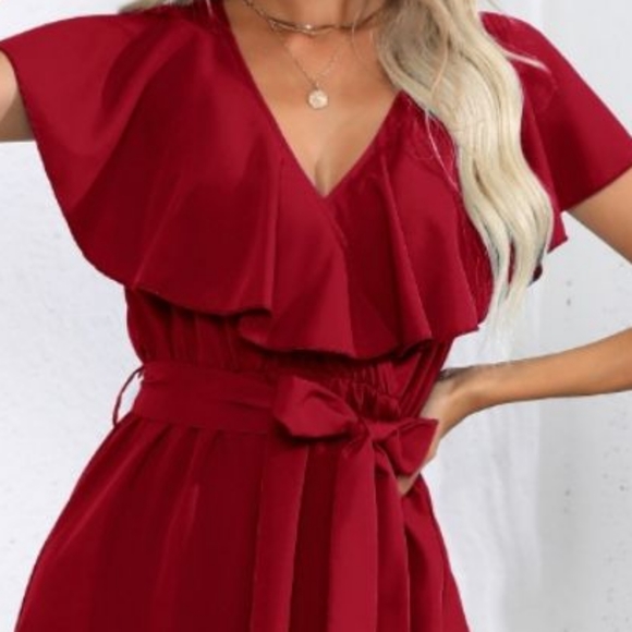 Wine Ruffled Tied Midi Dress - Picture 2 of 11